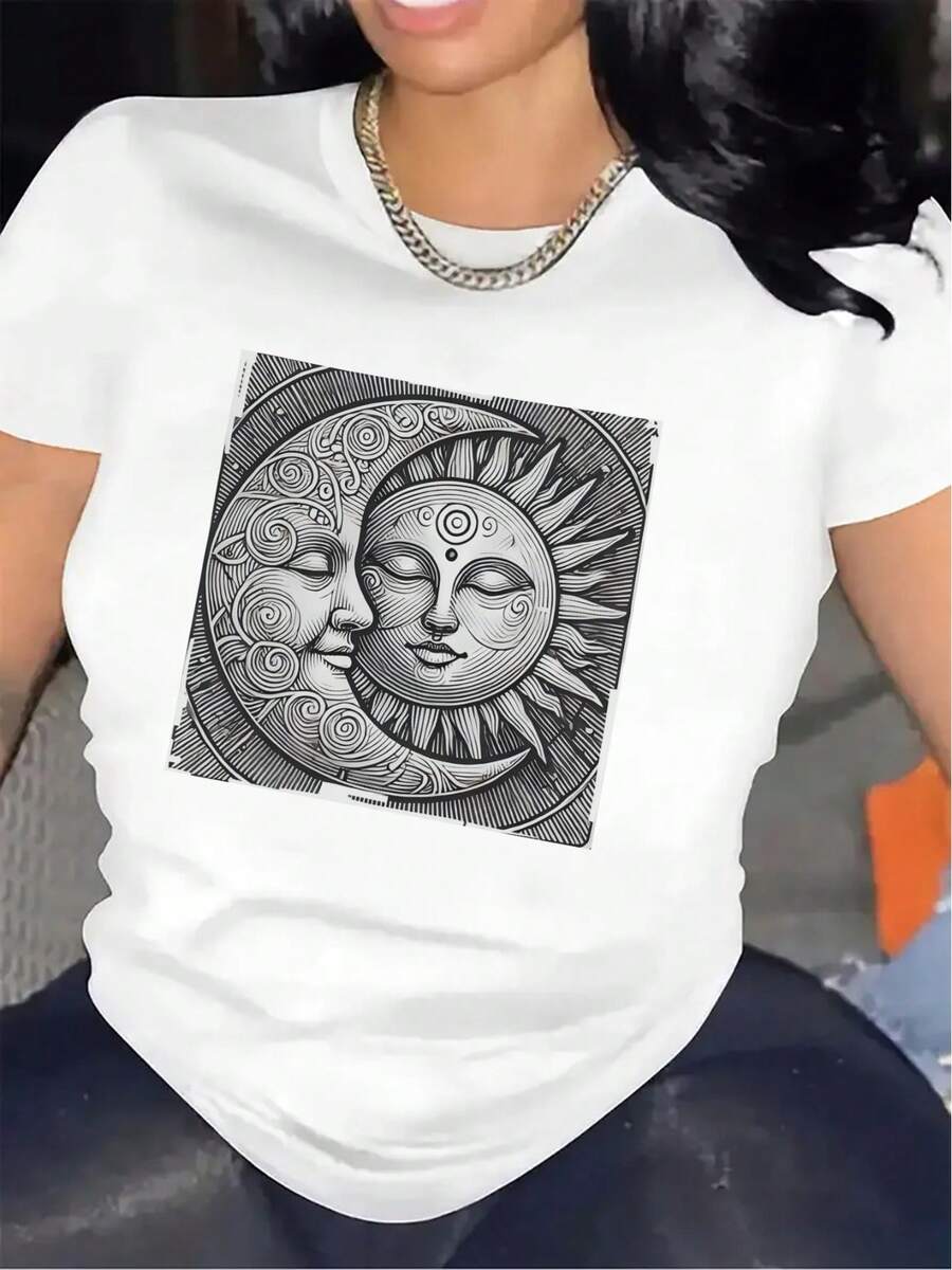 Women's Short Sleeve T-Shirt With Sun And Moon Design, Made Of Durable, Lightweight And Comfortable Material, Ideal For Casual Wear At Home, Restaurant Or Outdoor Activities - 白色 - 查看 1