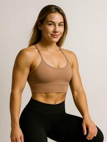Set Of 3 Cropped Gym Tops With Thin Straps In An X-Shaped Design, Zero Transparency, With Removable Padding, Ref. 890 - 黑色,棕色和米色 - 查看 9