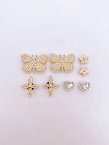 8pcs Gold Rhinestone Large Butterfly, Flower, Heart Shape Shoe Charms DIY Detachable - Personalized Footwear Style - Gold - View 7
