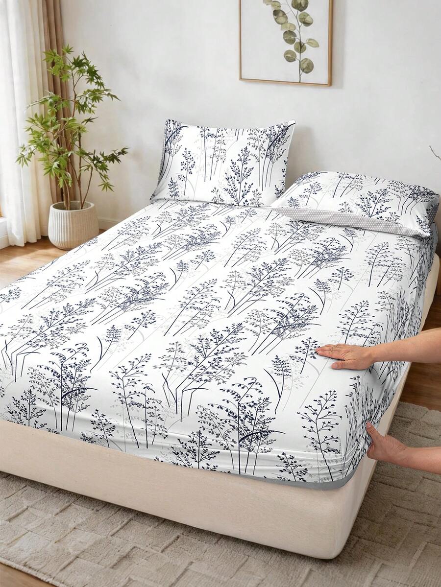 1pc Leaf Flower Print Bed Sheet, Bedding, Fitted Sheet, Mattress Cover, Soft And Comfortable Bedding For Bedroom Mattress Protector Fitted Bed Sheet Only, Machine Washable - Multicolor - View 1
