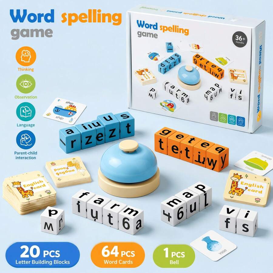 Montessori Word Spelling Game Toy Set, 64 Flash Cards & 20 Letter Blocks, Early Learning Educational Alphabet & Vocabulary Building Toy For Kids 3+ - 彩色 - 查看 1