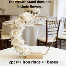 Hexagonal Metal Wreath Stand With Wooden Base, Gold Geometric Wreath Holder, Suitable For Dried Flower Decoration, Tabletop Centerpiece, Ideal For Home Living Room, Wedding Party, Valentine's Day, Wreath Stand Does Not Include Flowers - View 7