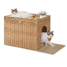 Feandrea Cat Litter Box Enclosure, Handwoven Rattan Hidden Litter Box Furniture With Extra Litter Mat, Removable Washable Tray, Boho Cat House, End Table - Light Yellow - View 2