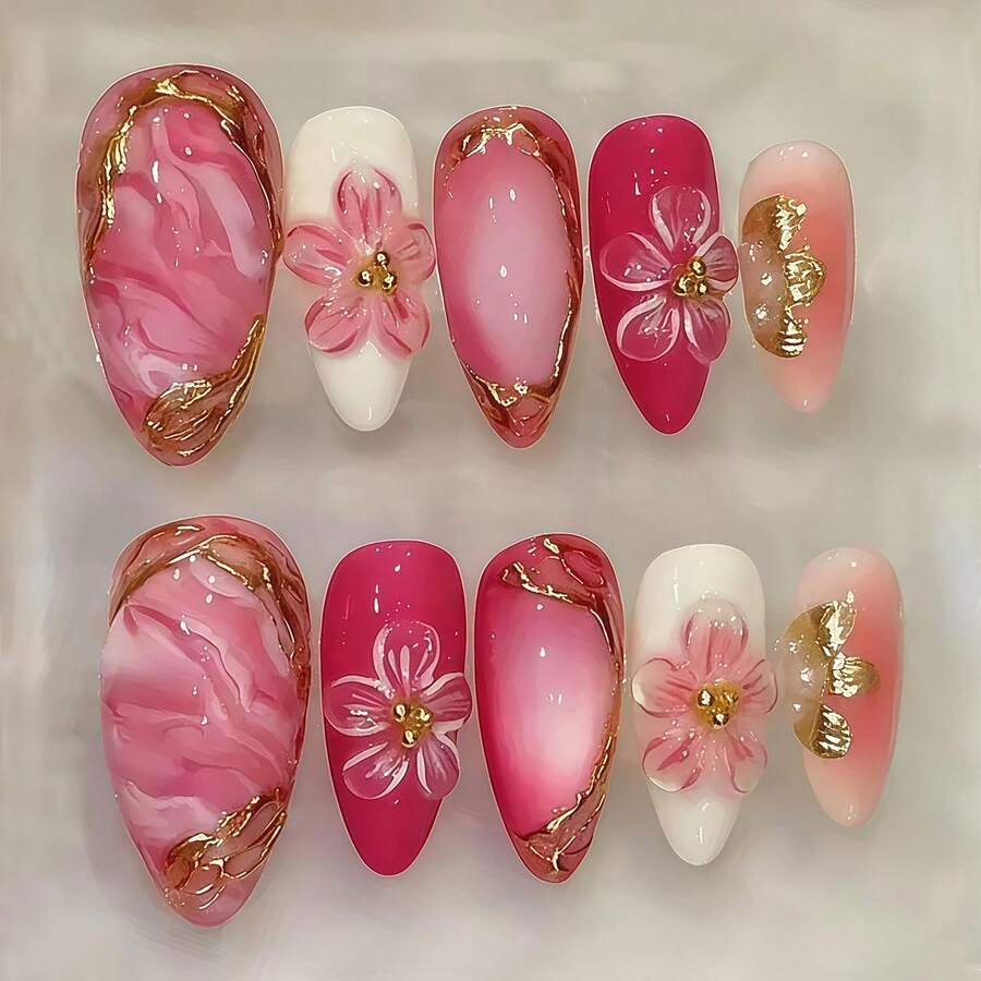 24Pcs Halloween Press On Nails Medium Fake Nails With 3D Silver Design Black Cat Dandelion Cute Ghost Acrylic False Nails Ginkgo Leaf Y2K Full Cover Stick On Nails For Manicure DIY - 玫紅色 - 查看 1