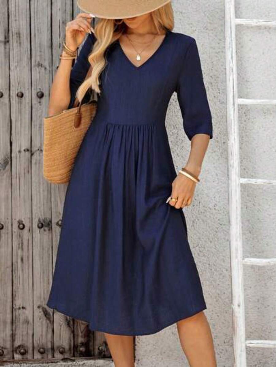 Vestido casual de longitud media con cuello en V y manga corta con estampado geométrico para mujer - Azul - Ver 1