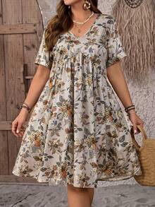 Vestido de verano con estampado floral, escote en V y manga corta para mujer de talla grande, estilo campo - Azul marino - Ver 4