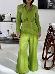 Setelan 2 Potong Wanita Minimalis untuk Sehari-hari, Elegan, Kasual, Warna Polos, untuk Musim Semi/Gugur - Lime Green - View 5