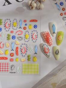 1Sheet Summer Picnic Clear Nail Stickers, 3D Raised Drip Glaze Seafood Fruit Plaid Nail Decals, Cute Shrimp Lemon Fish Self-Adhesive Nail Accessories For Vacation Nails - Multicolor - View 5