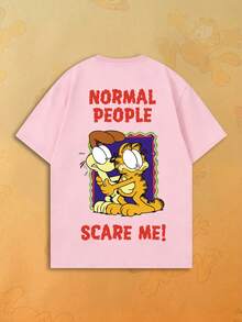 SHEIN | Garfield Women's Pink Double Sided Tee, Front Small Logo Back Cat & Dog Normal People Scare Me Red Text Print Loose Short Sleeve - Pink - View 1