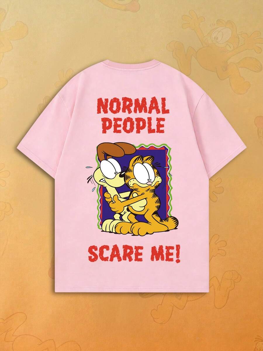 SHEIN | Garfield Women's Pink Double Sided Tee, Front Small Logo Back Cat & Dog Normal People Scare Me Red Text Print Loose Short Sleeve - Pink - View 1