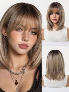 12 Inch Deep Root Light Brown Straight Bob Wig, Lightweight Soft Synthetic Fiber, Full Face Framing Bangs, Comfortable Adjustable Wig Cap, Suitable For Daily Commute, Vintage Photoshoot, Holiday Cosplay, Costume Party, Women's Fashion Synthetic Wig - Brown Ombre - View 6