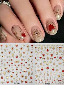 2pcs Golden Foil Heart Nail Art Stickers Golden Hot Stamping Heart-Shaped Bow Nail Decals Nail Charming 5D For Nail Decoration DIY - Multicolor - View 6