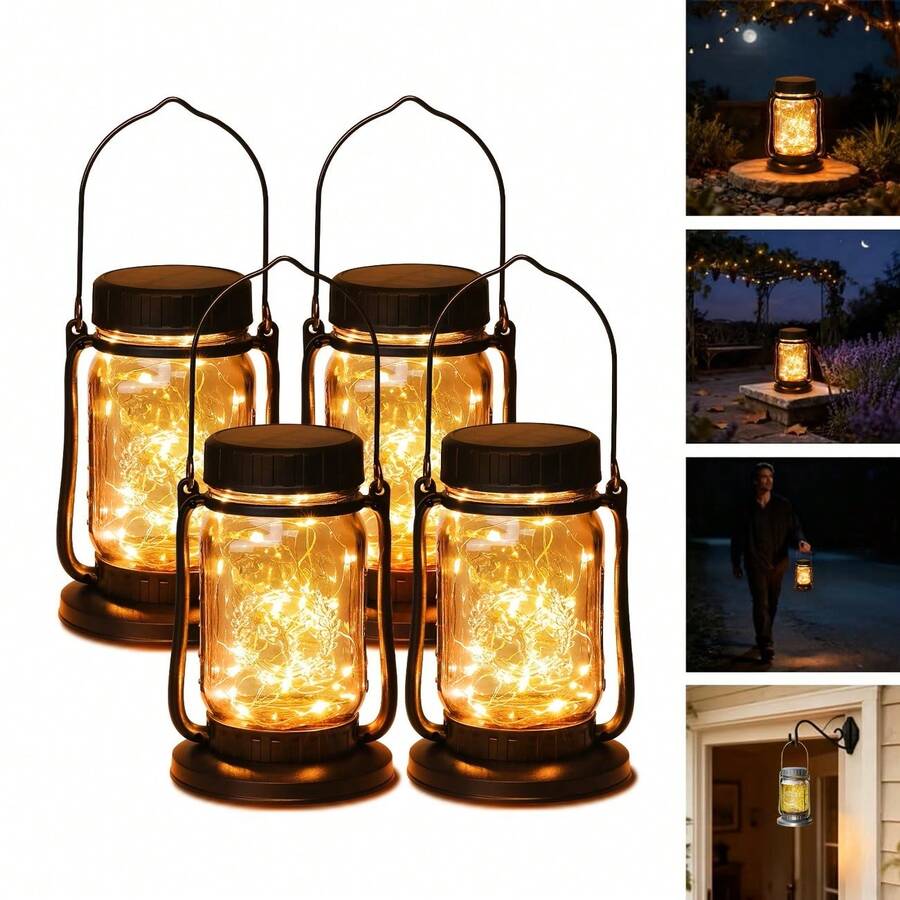 4pcs Solar Hanging Outdoor Lanterns, IPX5, 600mAh Long-Lasting Battery, Super Bright Imported LEDs, High-Efficiency Solar Panel, 30 Warm White Fairy Lights, Vintage Mason Jar Design For Yard, Patio, Wedding & Christmas Decor - 4 件裝 - 查看 1