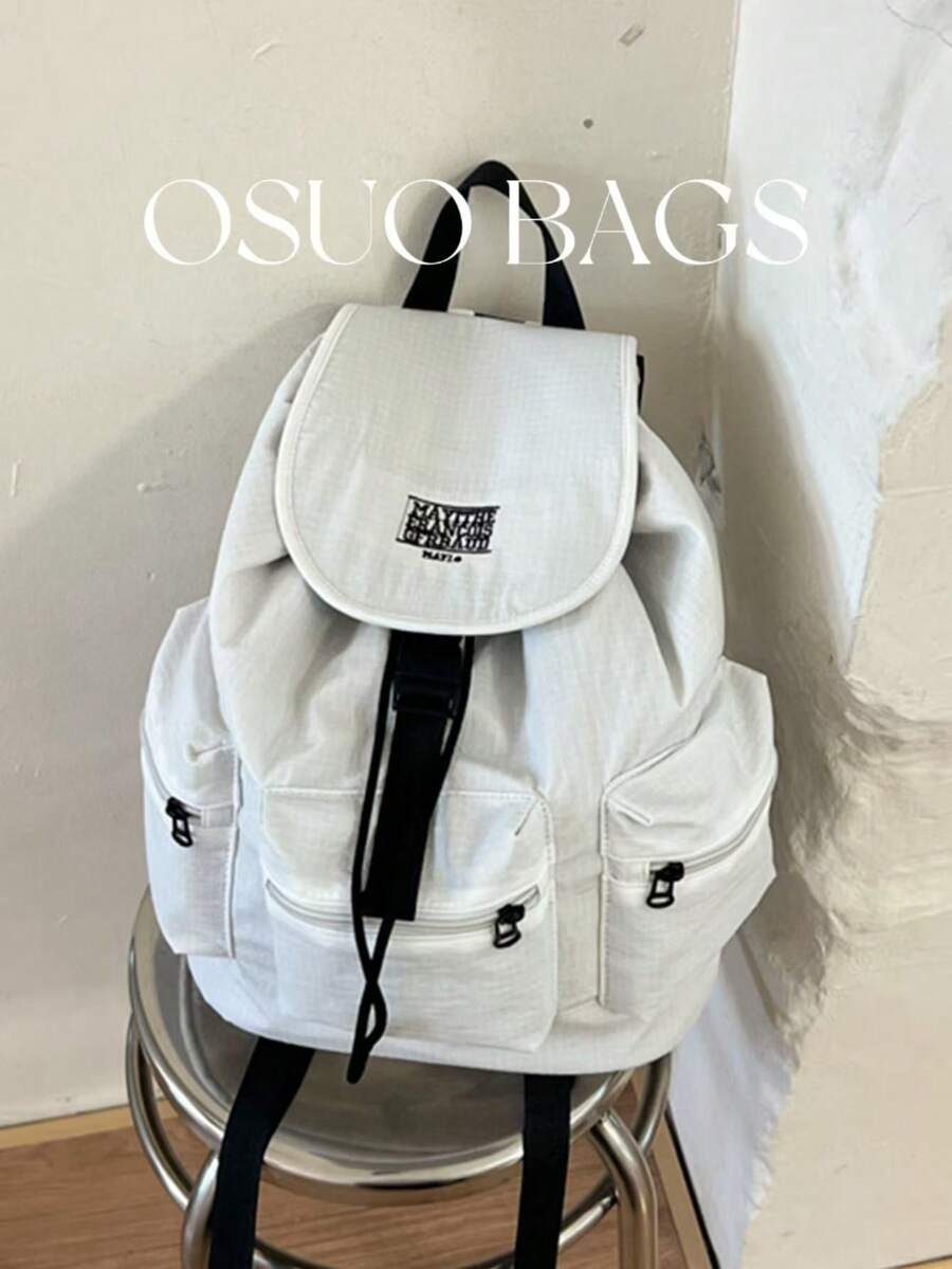 Summer Large Capacity Fashion Plaid Multi-Pocket Nylon Casual Backpack, Waterproof Lightweight Foldable Drawstring Patch Letter Travel Bag