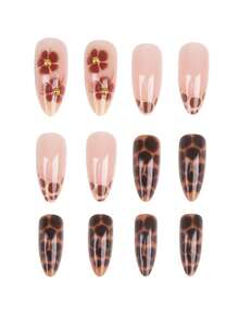 24pcs Elegant Vintage Street Style Minimalist Daily Gold Metal Bead Decor Mocha Brown Floral Brown Tortoise Shell Medium Almond Shaped Press-On Nails Fake Nails Set, Suitable For Girls And Women With Personalized - Mocha Brown - View 5