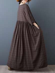 AZAH Halloween Elegant Ball 女款夏季大尺碼棕色格紋波希米亞風長洋裝，圓領寬鬆蝙蝠袖短袖 A 字裙擺附口袋休閒風 - 棕色 - 查看 4
