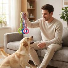 Juguete de cuerda de algodón para perros - Juguete interactivo de tirón con asa de bucle y estampado de pata de gallo colorido, juguete de masticar anudado para la limpieza de los dientes - Multicolor - Ver 1