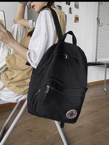 大容量純色男士後背包，時尚極簡旅行包，適合休閒、日系風格、大學生風格、通勤等場合 - 黑色 - 查看 5