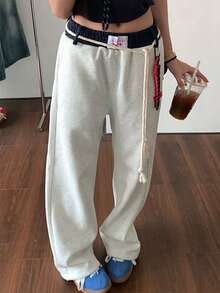 女款海軍藍復古休閒運動長褲，拼接腰頭、直筒褲管、美式寬鬆大寬腿褲 - 灰色 - 查看 1