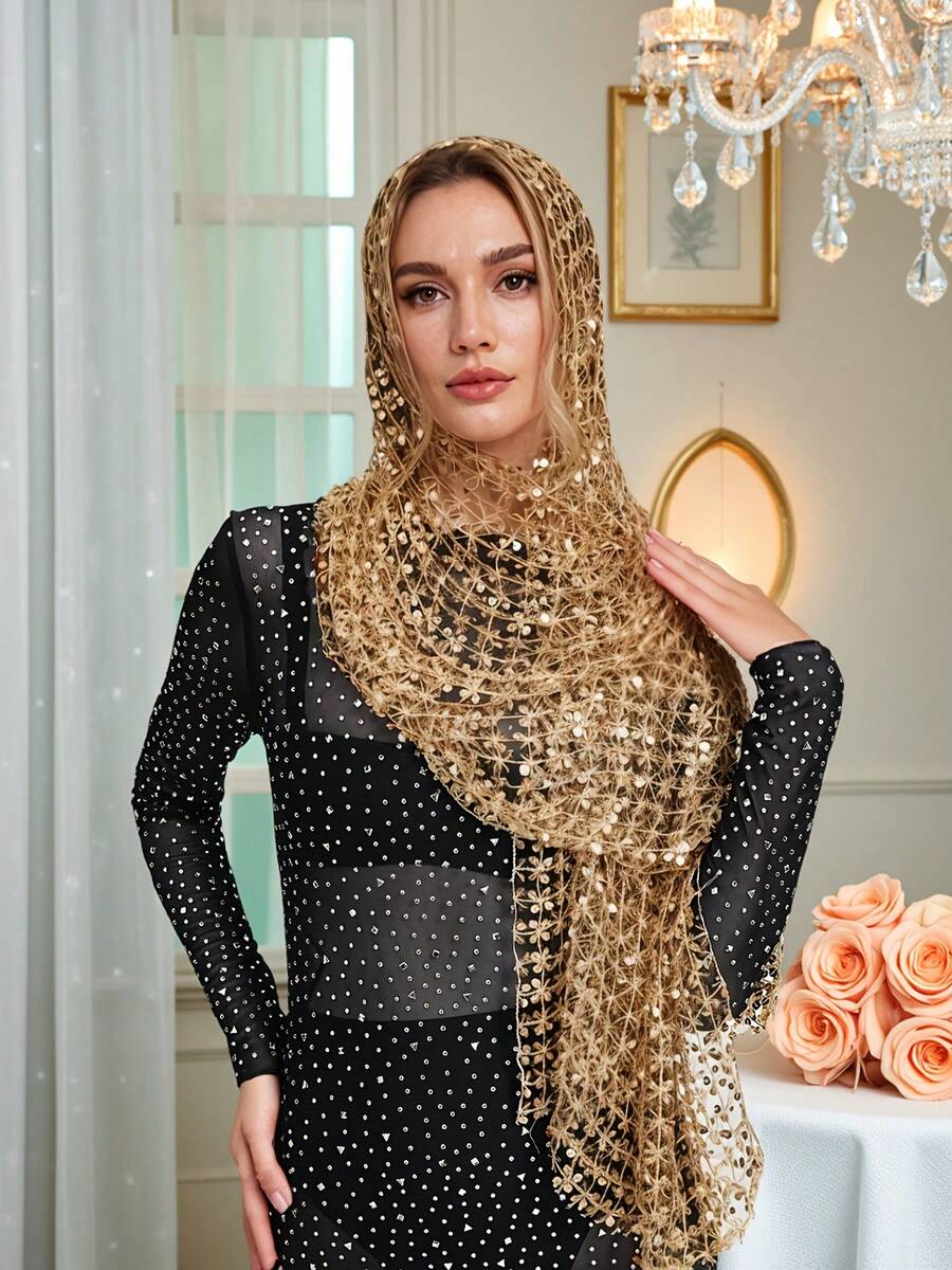 Plus Size - Plus Size - Luxury Banquet Party Dress With Handmade Sequins, Shawl For Women, Multiple Ways To Wear - 金色 - 查看 1