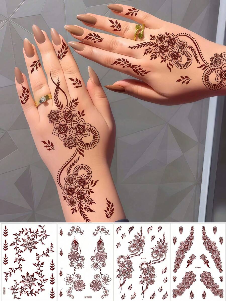 4件組紅色海娜紋身貼紙，防水棕色玫瑰臨時手部紋身，適合女性彩妝、新娘婚禮派對、情人節假期必備，阿巴雅配件 - 棕色 - 查看 1