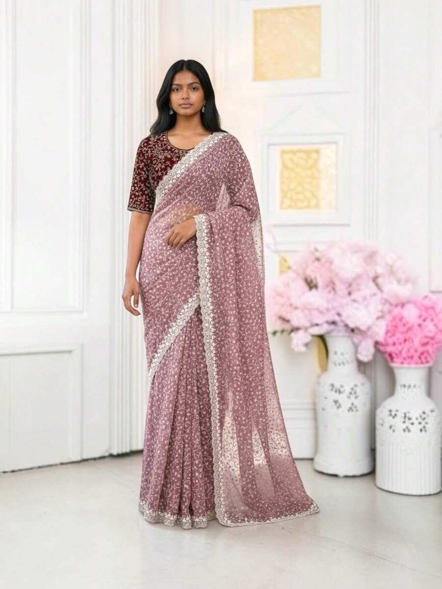 Lucknowi Work Traditional Saree With Ready Blouse, Cultural Wear For Women - Multicolor - View 1