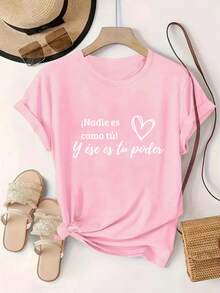eta Motivacional en Español para Mujeres - Frase en Español y Detalle de Corazón, Cuello Redondo y Manga Corta, Ideal para Aprendices de Español, Ropa Casual y Eventos de Práctica del Idioma - Negro - Ver 10