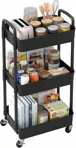 3 Tier Rolling Storage Trolley – Black Utility Cart With Wheels For Kitchen, Bathroom & Laundry Organiser - Black - View 5