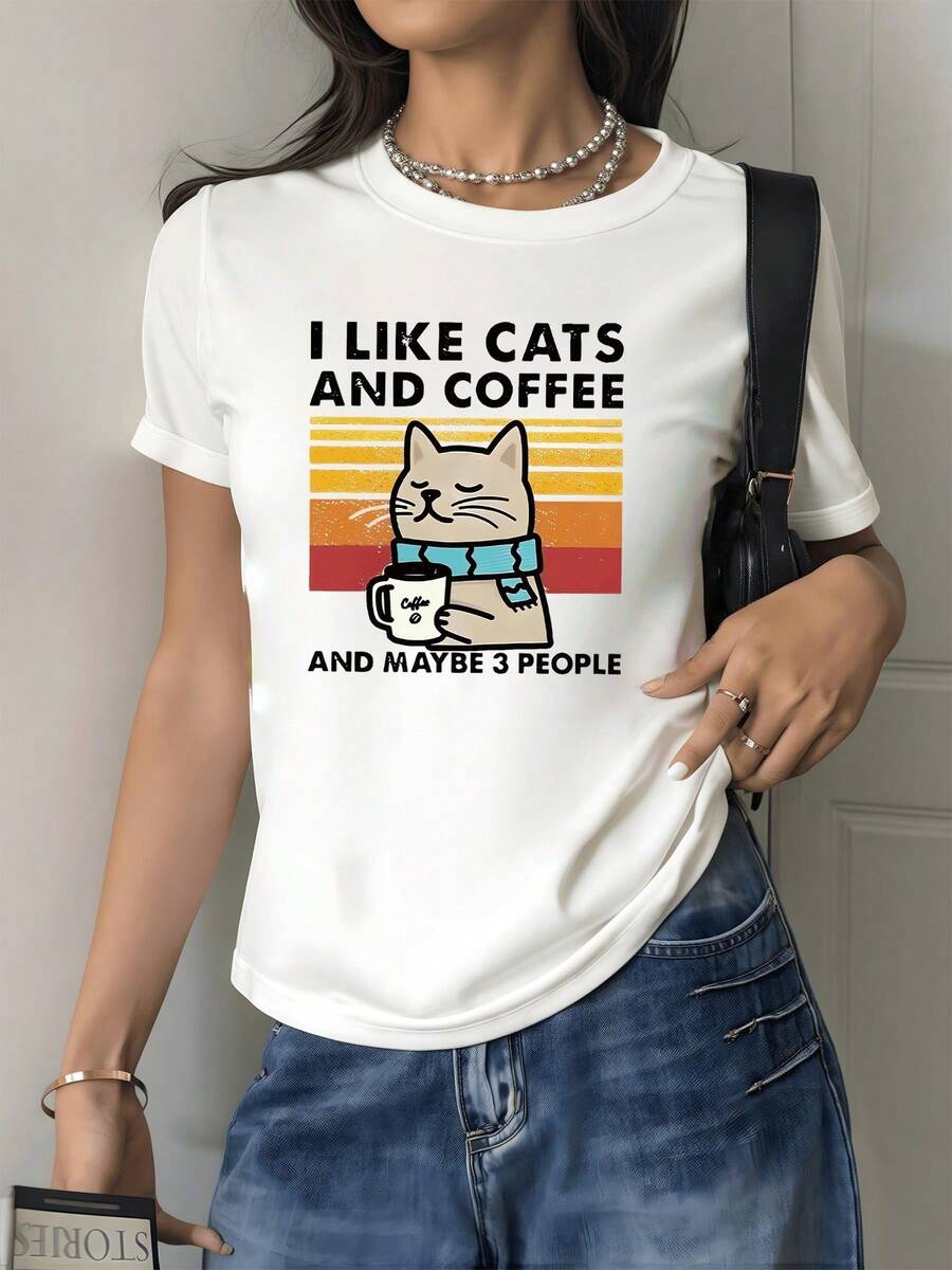 Happy Cat With Blue Scarf Holding A Cup Of Coffee On A Warm Striped Retro Background. Comfortable And Modern Casual Women's T-Shirt - 白色 - 查看 1