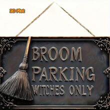 2D Plano - 1 pieza Placa de madera con diseño gráfico impreso, Placa de pared de madera, Estilo vintage "Solo estacionamiento de escoba de bruja". Esta decoración rústica de Halloween presenta un diseño de sombrero de bruja y escoba, con una apariencia similar a la madera, adecuada para el hogar, bar, cafetería - Negro y gris - Ver 6