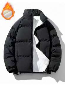 Men's Winter Letter Print Casual Stand Collar Solid Color Thermal Lined Padded Coat - Black - View 4