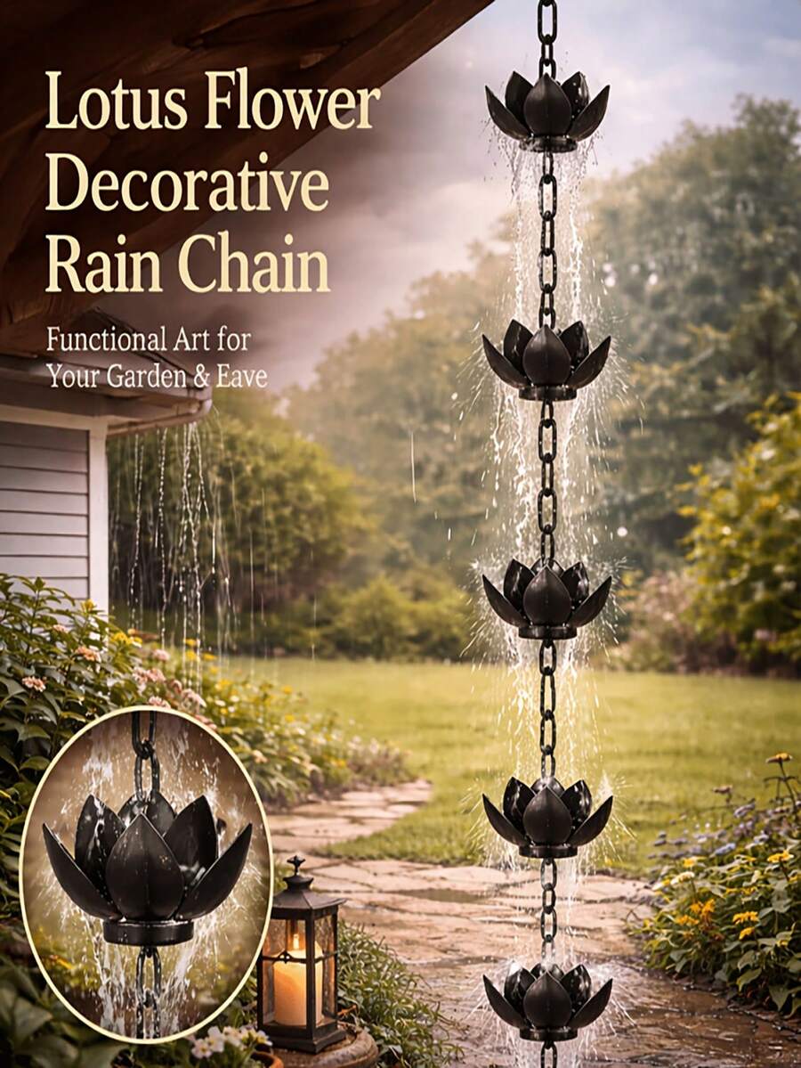 1pc 47.24 Inch Black Lotus Metal Rain Chain, Downspout Drainage Diverter For Rainwater Collection, Functional Decorative Hanging Ornament, Thickened Iron Craft For Outdoor Garden Villa Yard Decor