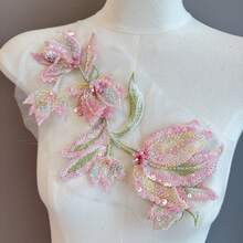 1件彩色手工縫製珠飾珍珠亮片花卉蕾絲刺繡貼花,DIY領口束腰婚紗新娘舞會禮服裝飾 - A398 - 查看 5