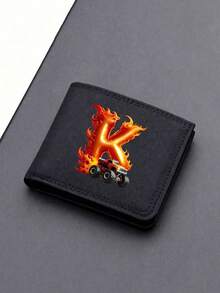 1pc Back To School Mini Cute Cartoon Personalized Fun 26 Excavator Construction Vehicle Flame Letter Print Bifold Wallet, Multiple Card Slots Inside, Can Hold Bank Cards, ID Cards, Cash, Meets Daily Travel Storage Needs. Suitable As Fan Gift, Birthday Small Gift. - Black - View 14