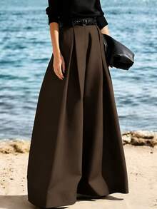 Commuting Fashionable Elegant Loose Pleated Wide-Leg Pants - Coffee Brown - View 2