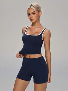 MASKERT Women's Tank Top And Shorts Set, Sports Yoga Morning Run Night Run Set, Aerobic Fitness Hiking Pilates Set - Navy Blue - View 8