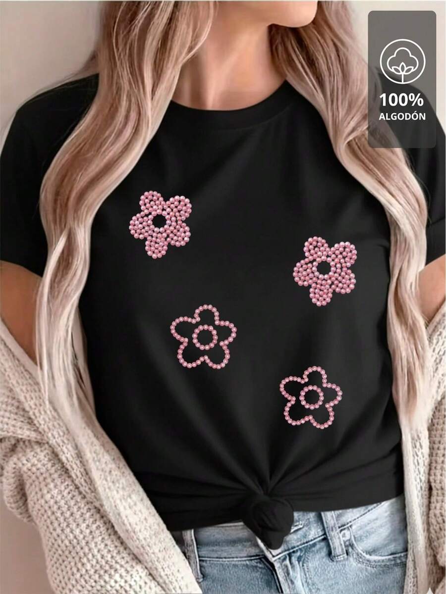 Shirt With Pink Beaded Flowers - Comfortable Fit, Suitable For Travel And Vacation. - 黑色 - 查看 1