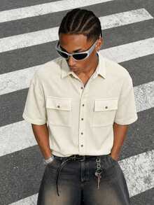 Men's Solid Color Short Sleeve Utility Pocket Single-Breasted Shirt - White - View 3
