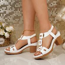 Plus Size Women's Retro Solid Color Buckle Platform Wedge Sandals - White - View 12