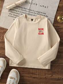 Girls Book Club Slogan Double-Sided Print Long Sleeve Tee, Book & Coffee Graphic Fall Top - Apricot - View 4