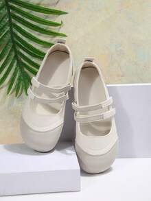 Zapatos Mary Jane para mujer con doble correa de gancho y bucle, suela blanda, costuras minimalistas, unicolor, punta redonda, caña baja, tacón plano, estilo casual dulce, para uso diario/compras/todas las estaciones, beige, forro de PU/tela - Beis - View 7