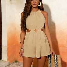 Vestido corto de verano de nuevo estilo, con cuello halter, sin mangas, con corte en la cintura y color sólido. - Rosa Fucsia - Ver 2