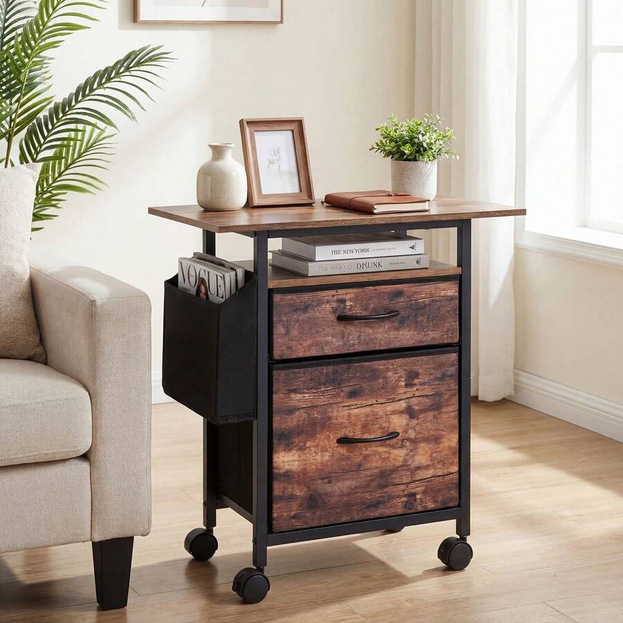 COSTWAY 2-Drawer Mobile File Cabinet, Rolling Printer Stand With Extended Tabletop, Open Storage Shelf, Side Bag, Under Desk Vertical Filing Cabinet On Wheels, Storage Organizer For Home Office, Rustic Brown - Brown - View 1