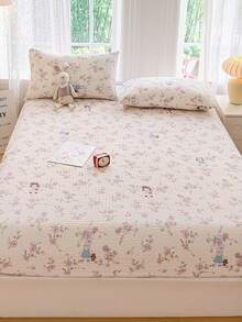 3 PiecesBedding Set With Cute Rabbit Pattern, Soft And Comfortable Bedding Including 1 Fitted Sheet And 2 Pillowcases, No Filling, Suitable For Dorm, Bedroom, Home Use, Multiple Size Options - Multicolor - View 2