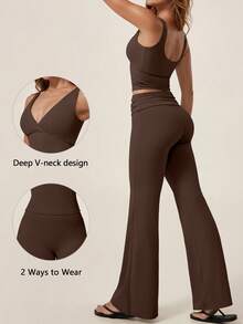 TimeOff 1 Set Women's Solid Color V-Neck Backless Removable Padded Camisole And Flared Leg Pants Sports Suit - Brown - View 11