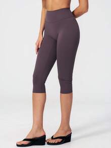 NcmRyu Women's 1pc Solid Color High Waist Tummy Control Butt Lifting Slim Fit Sports Mid-Length Shorts - Purple - View 9