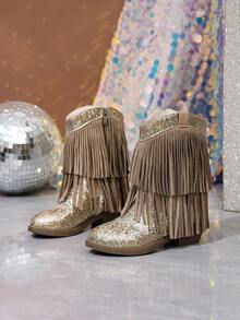 NILOSH Girls' Glitter Tassel Denim Boots, Western Mid-Calf Boots, Suitable For Parties, Dancing And Performances - Gold - View 1