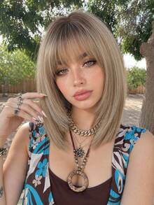 12 Inch Deep Root Light Brown Straight Bob Wig, Lightweight Soft Synthetic Fiber, Full Face Framing Bangs, Comfortable Adjustable Wig Cap, Suitable For Daily Commute, Vintage Photoshoot, Holiday Cosplay, Costume Party, Women's Fashion Synthetic Wig - Brown Ombre - View 1