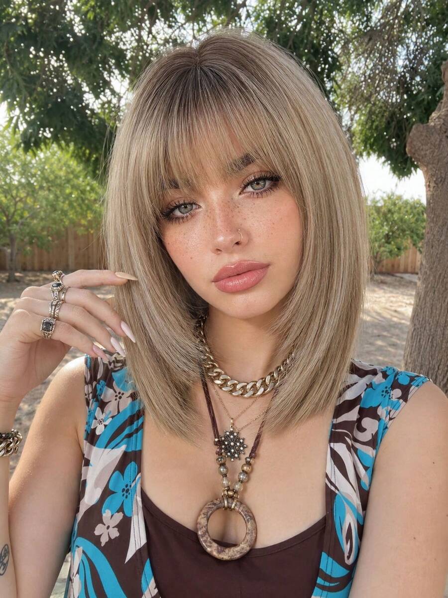 12 Inch Deep Root Light Brown Straight Bob Wig, Lightweight Soft Synthetic Fiber, Full Face Framing Bangs, Comfortable Adjustable Wig Cap, Suitable For Daily Commute, Vintage Photoshoot, Holiday Cosplay, Costume Party, Women's Fashion Synthetic Wig - Brown Ombre - View 1