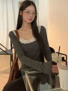 Women's New Gray Striped Long Sleeve Base Layer T-Shirt With Lace Patchwork Slim Fit Design Top - Dark Grey - View 5